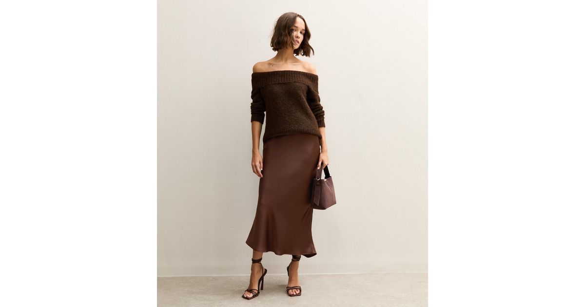 Dark Brown Satin Bias Cut Midi Skirt New Look
