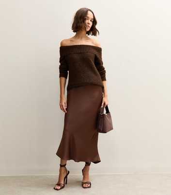 Dark Brown Satin Bias Cut Midi Skirt