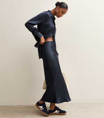 Navy Satin Bias Cut Midi Skirt