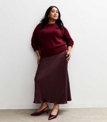 Curves Burgundy Satin Bias Cut Midi Skirt