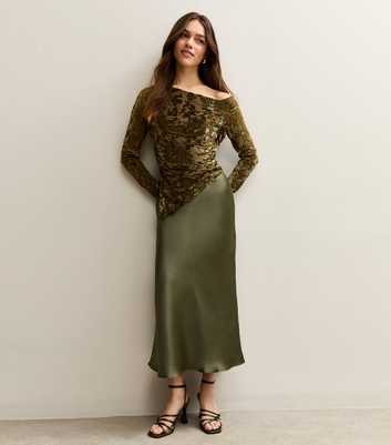 Petite Light Khaki Satin Bias Cut Midi Skirt