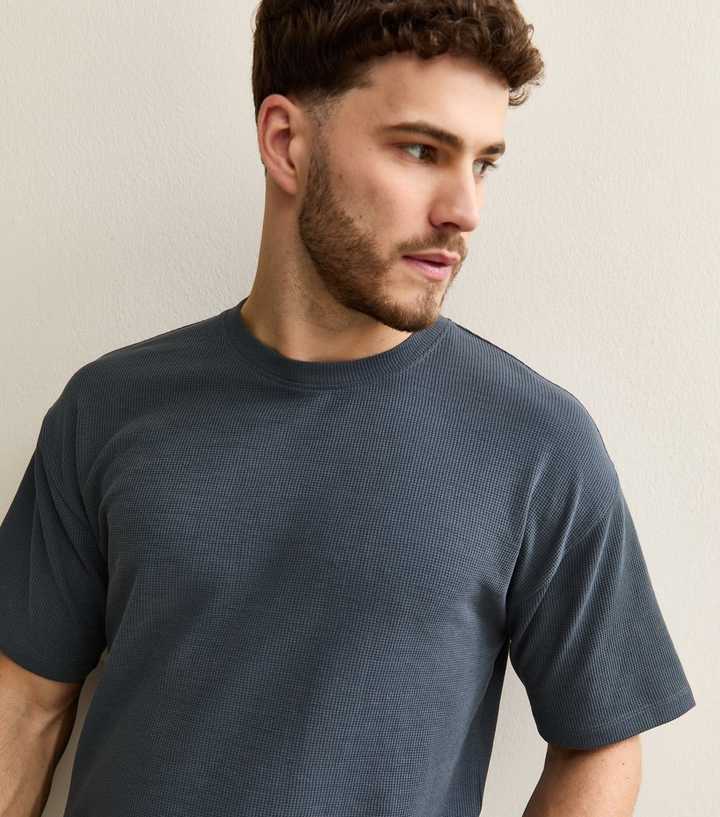 Dark Blue Oversized Waffle Texture T-Shirt