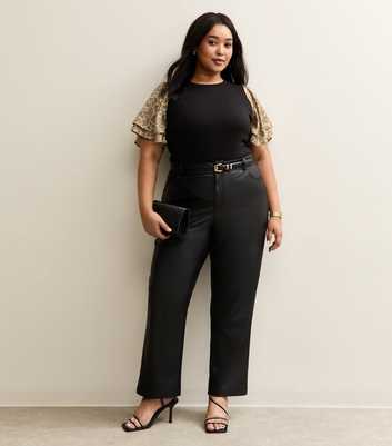 Curves Black Soft Touch Animal Print Foil Flutter Sleeve Top
