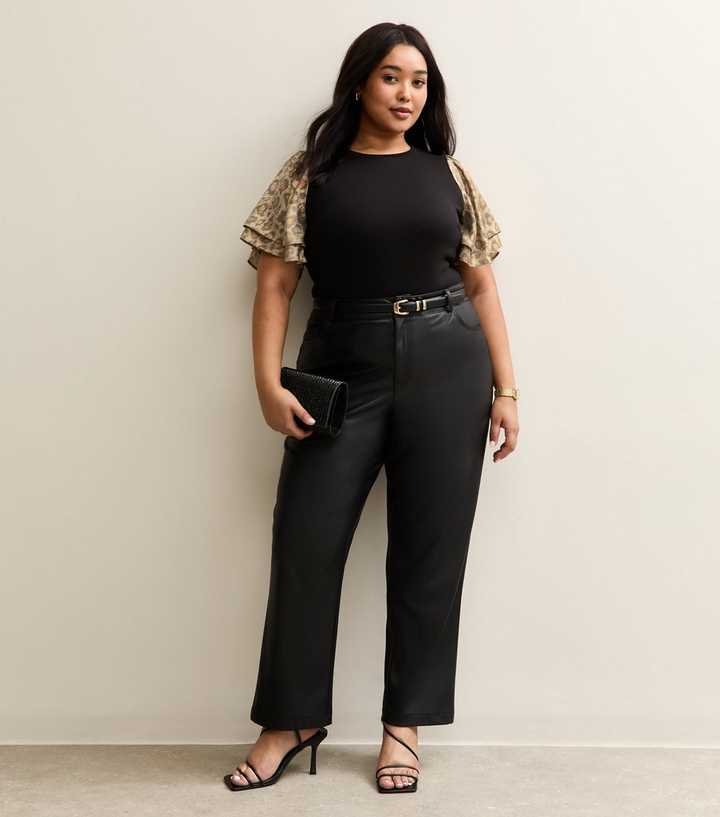 Curves Black Soft Touch Animal Print Foil Flutter Sleeve Top