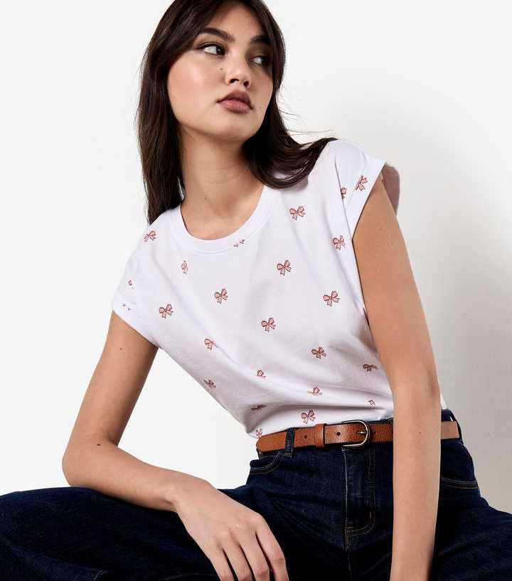 Apricot White Bow Print T-Shirt