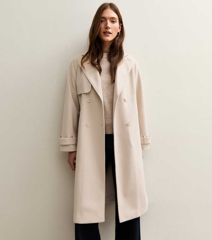 Off White Brushed Double Breasted Trench Coat