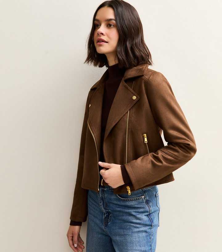 Chocolate Brown Faux Suede Biker Jacket
