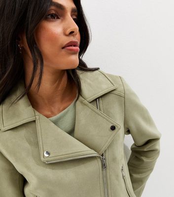 Light Khaki Faux Suede Biker Jacket | New Look
