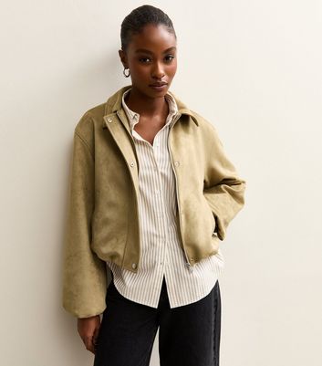Depound「Suede Half Jacket - Light Khaki」 Light Khaki Faux Suede Bubble Hem Jacket | New Look