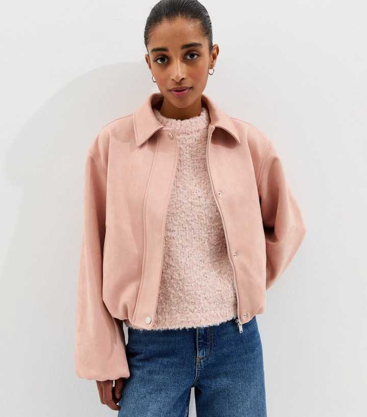 Light Pink Faux Suede Bubble Hem Jacket