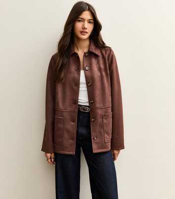 Dark Brown Faux Suede Button Front Jacket