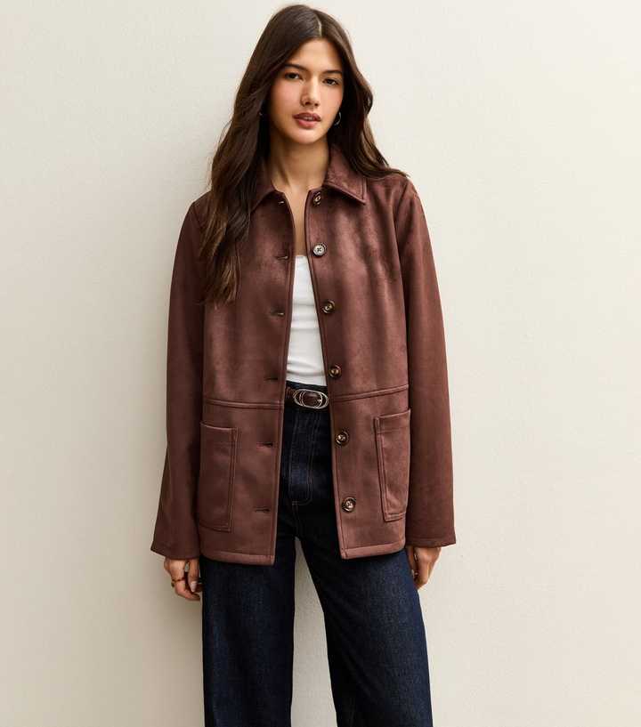 Dark Brown Faux Suede Button Front Jacket