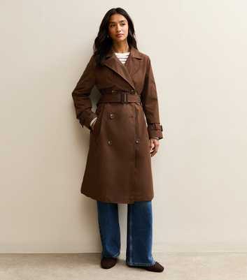 Petite Dark Brown Double Breasted Belted Mac Coat