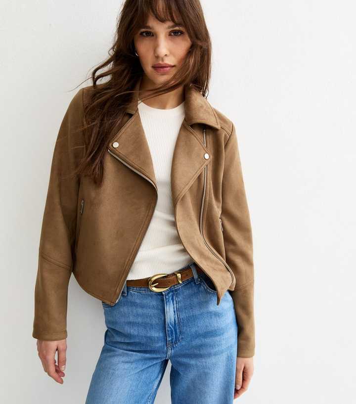 Tall Tan Faux Suede Biker Jacket