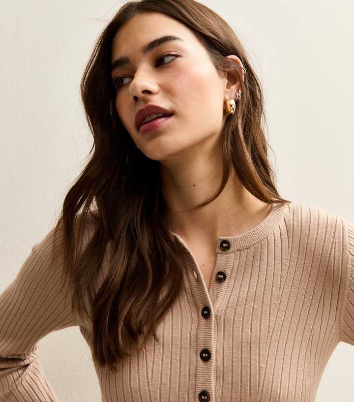 Camel Lightweight Ribbed Knit Button Placket Jumper