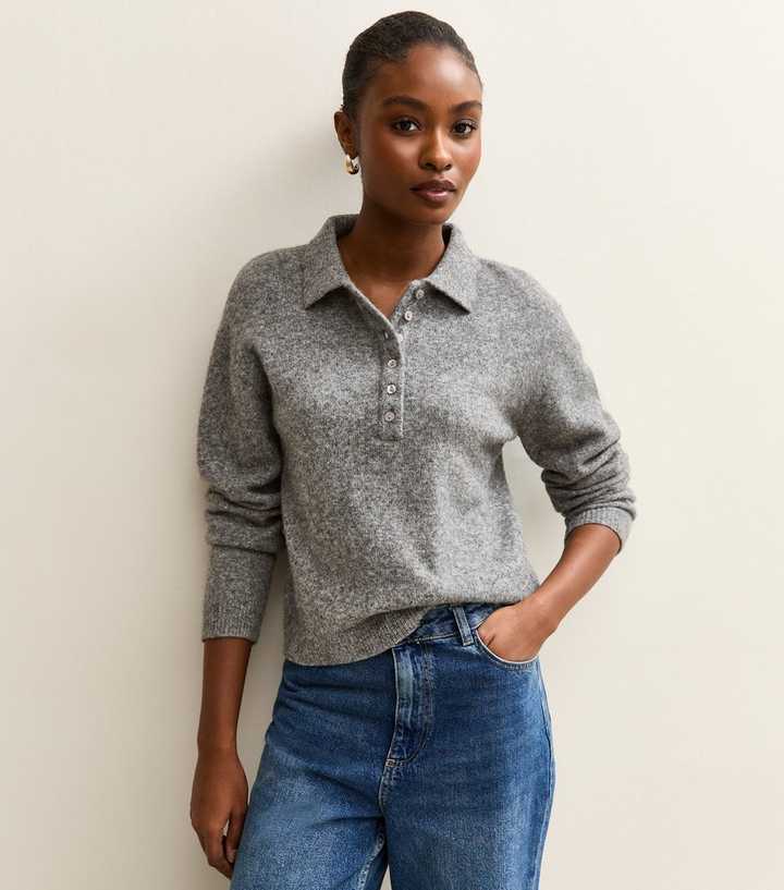Mid Grey Midweight Knit Polo Jumper