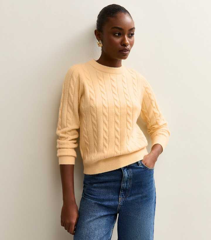 Light Yellow Cable Knit Crew Neck Jumper