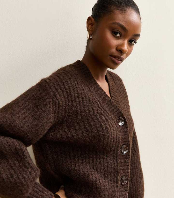 Brown Chunky Knit V-Neck Cardigan