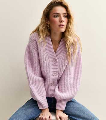 Lilac Chunky Knit V-Neck Cardigan