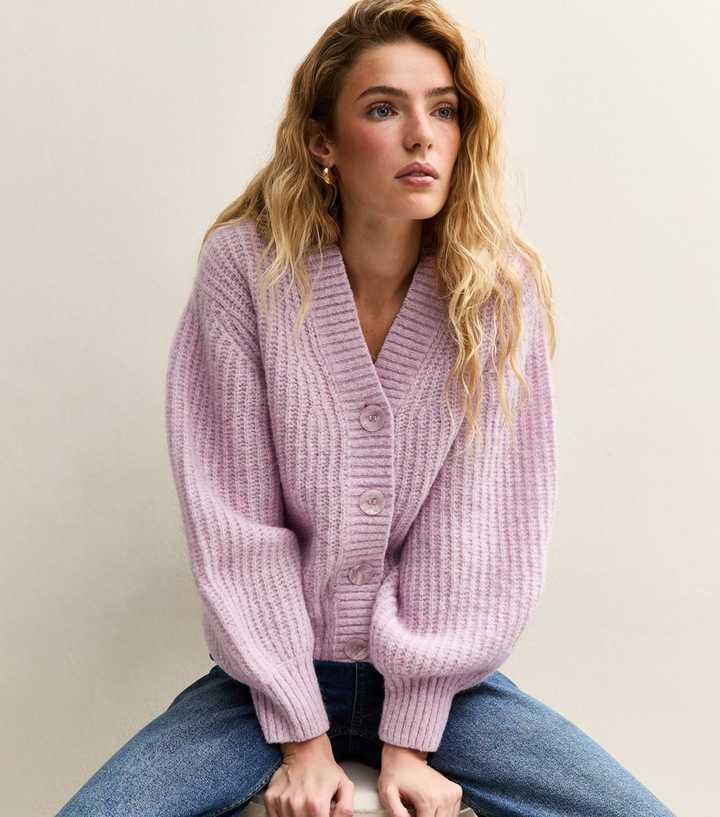 Lilac Chunky Knit V-Neck Cardigan