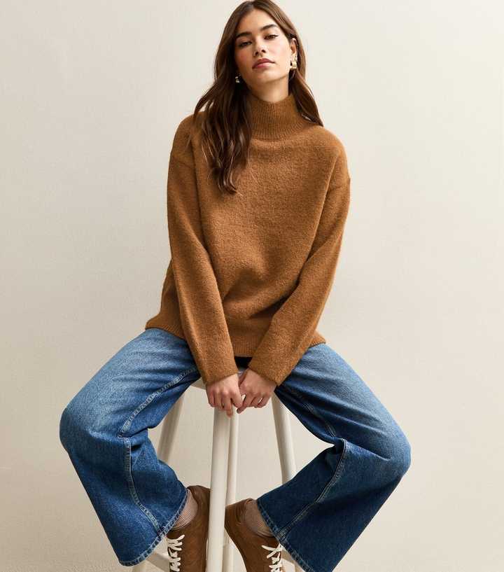 Tan Longline Stand Neck Jumper