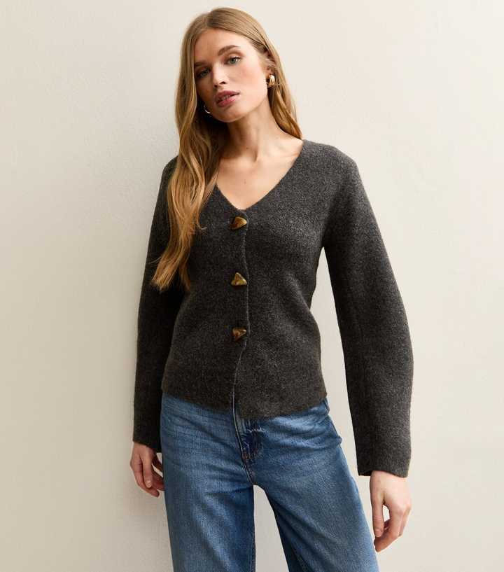 Dark Grey V-Neck Heavyweight Knit Cardigan