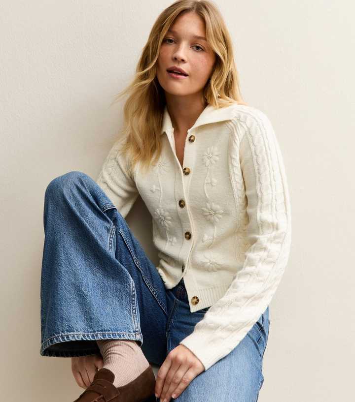 Cream Floral Embroidered Lightweight Knit Cardigan