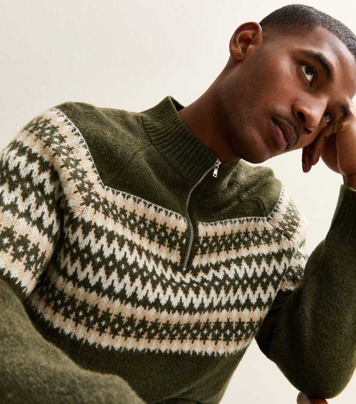 Green Regular Quarter Zip Fairisle Pattern Jumper