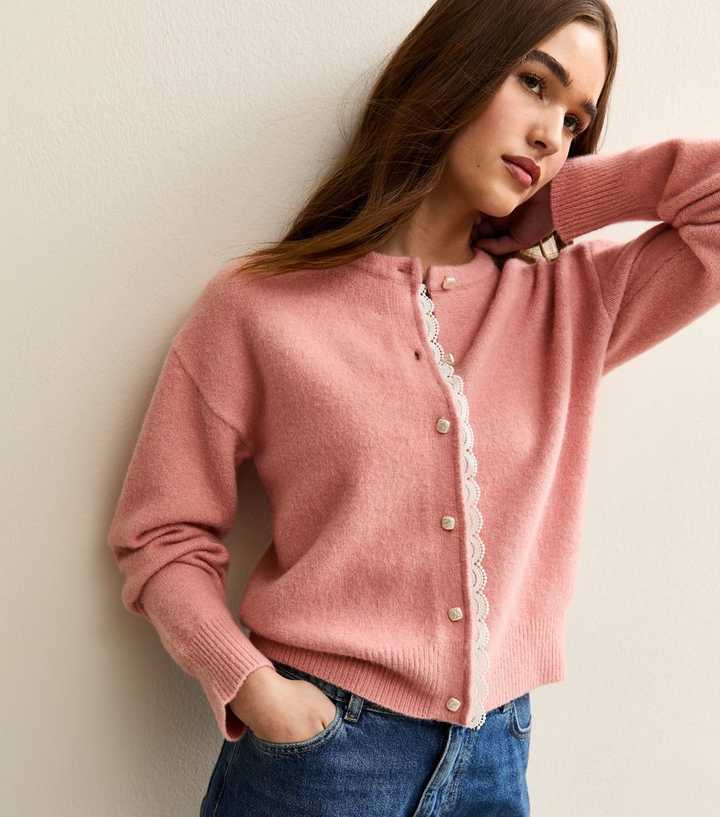 Pink Lace Trim Crew Neck Cardigan