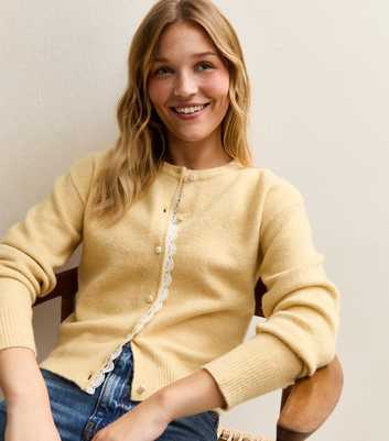 Light Yellow Lace Trim Crew Neck Cardigan