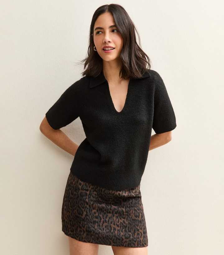 Black Open Collar Knit Top