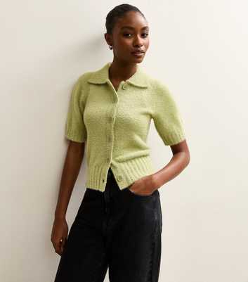 Light Green Fluffy Knit Short Sleeve Collared Cardigan