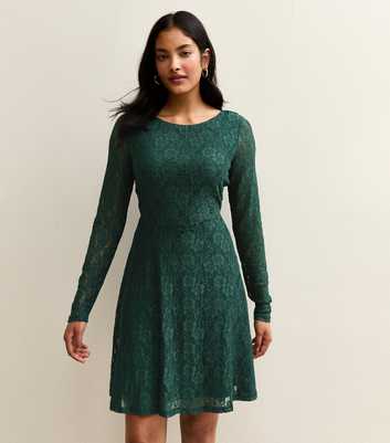 Green Lace Long Sleeved Skater Mini Dress