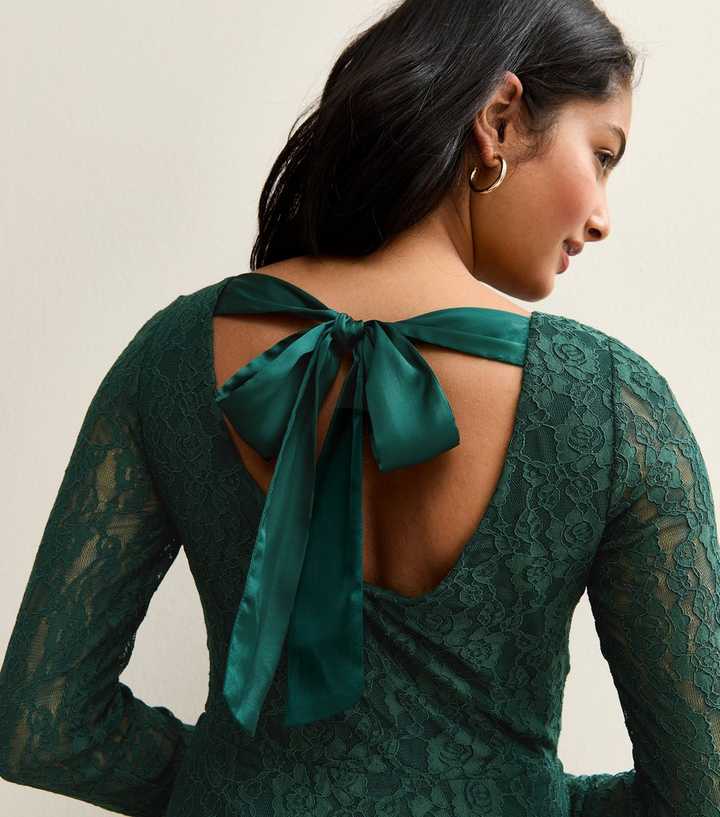 Green Lace Long Sleeved Skater Mini Dress | New Look