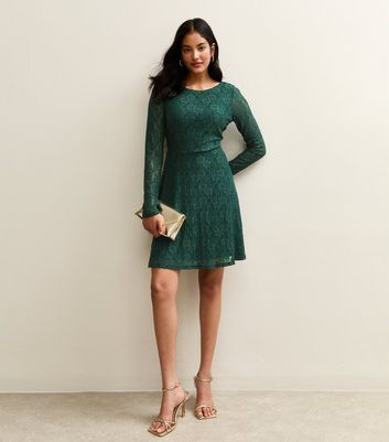 Green Lace Long Sleeved Skater Mini Dress