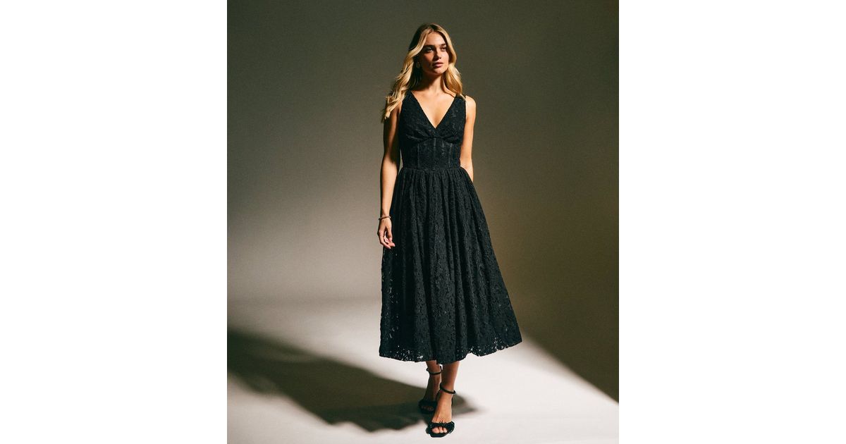 knee length dresses for ladies Lace Corset Midi Dress with A Flower 34 (FR) / Black