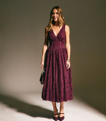 Dark Burgundy Lace Corset Midi Dress | New Look