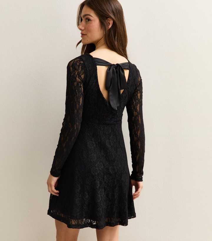Petite Black Lace Bow Back Mini Dress