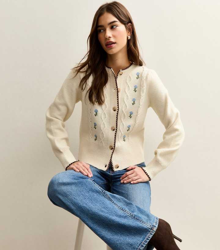 White Blanket Stitch Trim Embroidered Floral Cardigan
