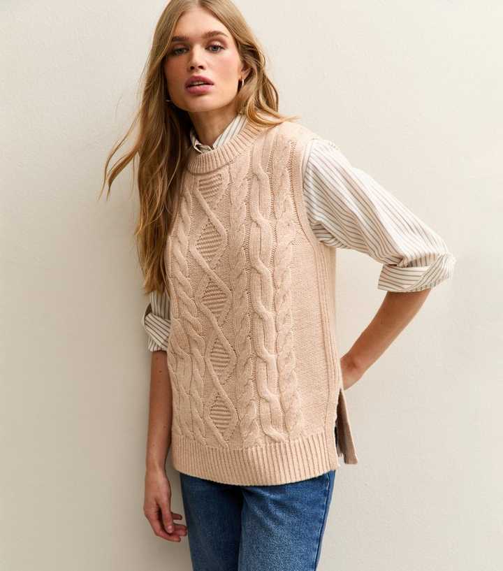 Camel Cable Knit Longline Tabard