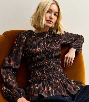 Brown Animal Print Textured Jersey Shirred Top