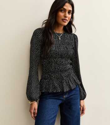 Black Speckled Shirred Long Sleeve Blouse