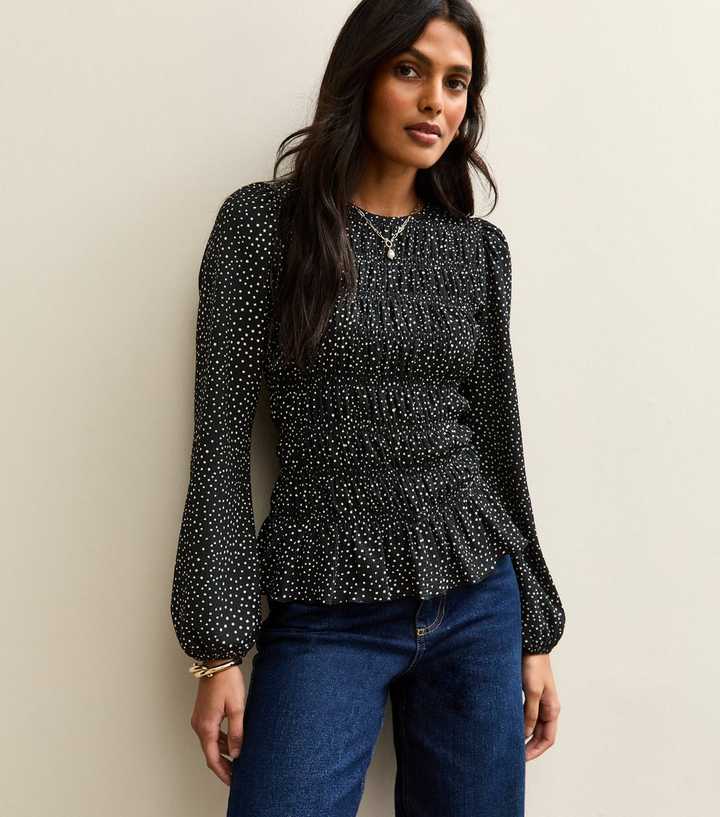 Black Speckled Shirred Long Sleeve Blouse