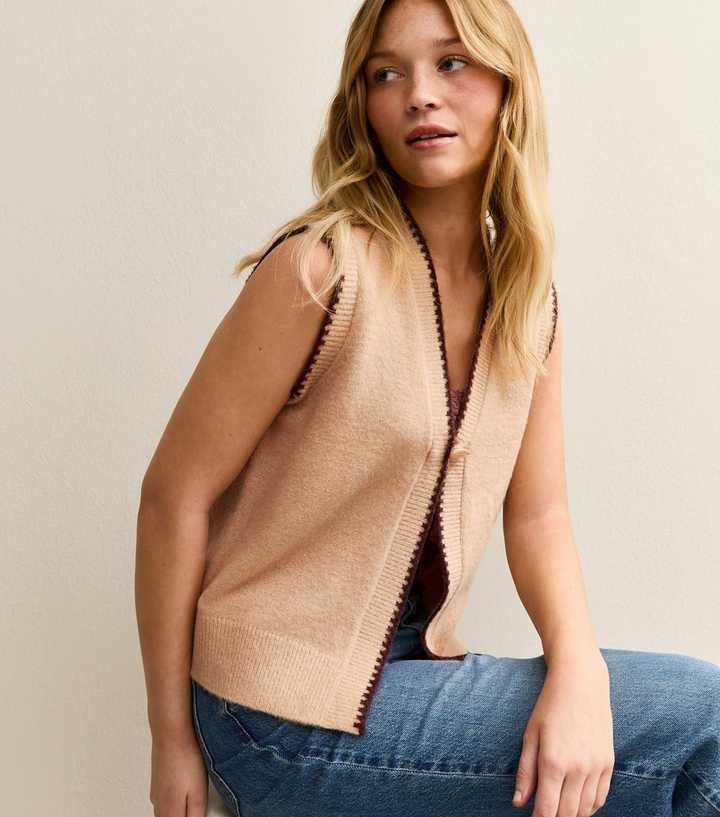 Camel Blanket Stitch Knit Waistcoat
