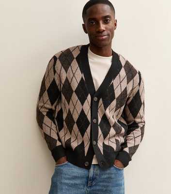 Only & Sons Dark Brown Relaxed Argyle Pattern Cardigan