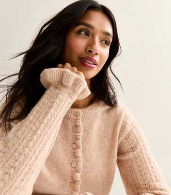 Petite Camel Contrast Sleeves Frilly Trimmed Cardigan