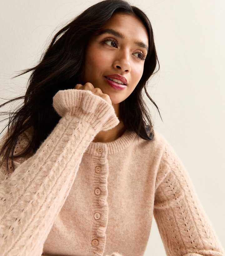 Petite Camel Contrast Sleeves Frilly Trimmed Cardigan
