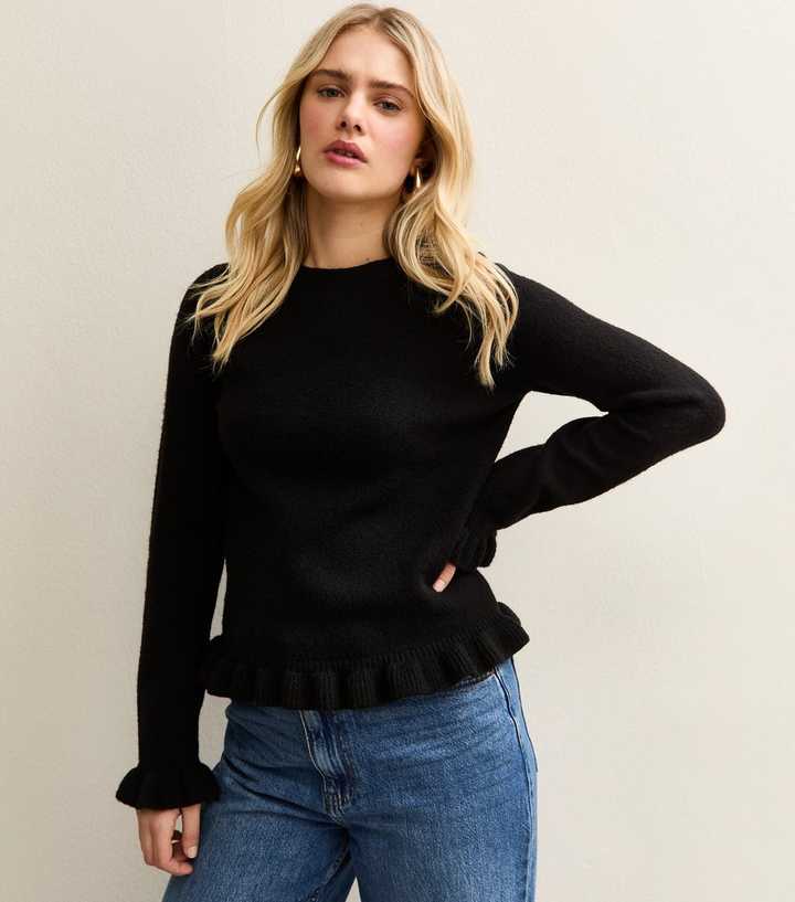Black Frill Trim Crew Neck Jumper