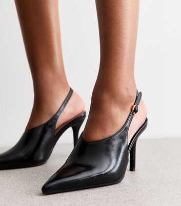 Black High Vamp Faux Leather Slingback Heels