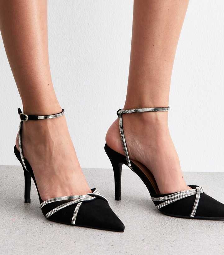 Black Faux Suede Embellished Court Shoes